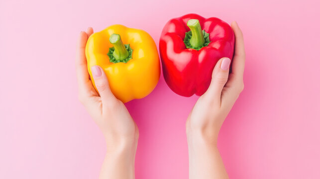 Hands holding colorful red and yellow bell peppers on pink background