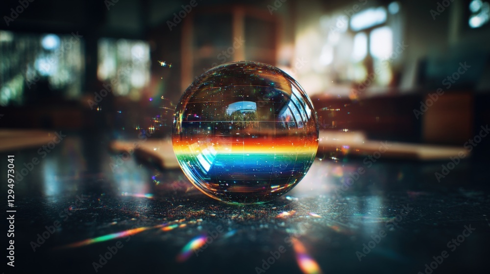 Poster glass sphere displaying rainbow colors and reflections on a flat surface with soft lighting