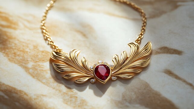 Gold Wing Necklace with a Ruby Centre / 中央にルビーを配した金の翼のネックレス