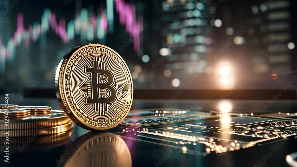 Poster bitcoin's digital realm: a macro shot of a gleaming bitcoin coin, showcasing its intricate details a