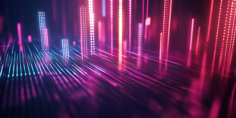 Fototapeta premium A mesmerizing 3D music background featuring an intricate, glowing equalizer composed of luminous floating bars. The dynamic neon pulses create an immersive representation of rhythm and sound, forming