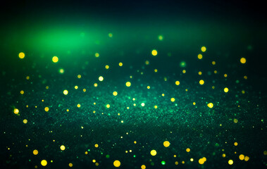 A vibrant emerald green gradient background with sparkling gold glitter particles, a soft glow effect, and a luxurious and festive mood