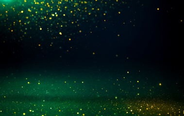 A vibrant emerald green gradient background with sparkling gold glitter particles, a soft glow effect, and a luxurious and festive mood