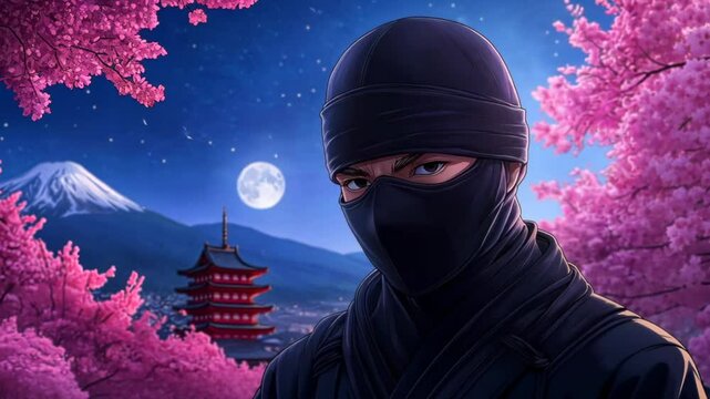 Animated Ninja in a moonlit Japanese garden with cherry blossoms and Mt. Fuji in the background at night