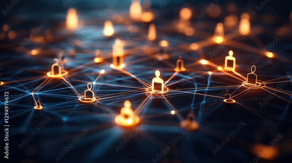 Poster network of glowing lights connected in a digital web against a dark background