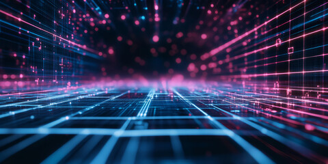 A surreal abstract background inspired by precision digital geometry, with infinite layers of softly glowing neon grids dynamically forming an intricate cybernetic expanse. The seamless motion