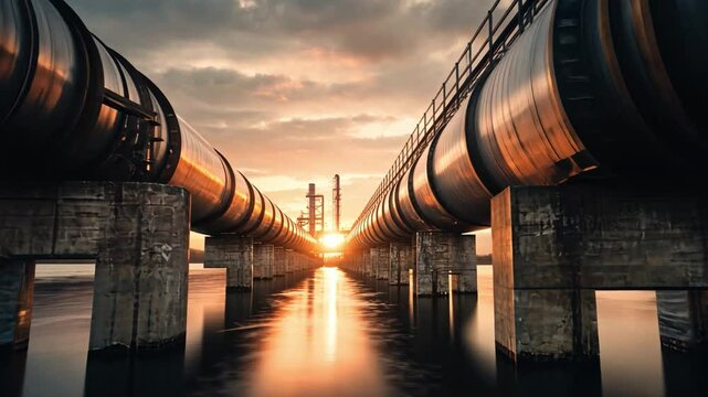 Pipeline to the Horizon: An imposing industrial infrastructure of parallel pipelines stretches towards a setting sun, suggesting resource transport and energy flow.
