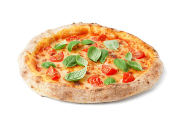 Tasty pizza Margarita with tomatoes and basil on white background