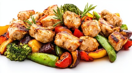 Grilled chicken with colorful vegetables served on a white plate in a well-lit kitchen setting during the day