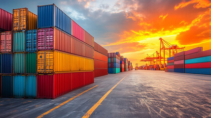 Stacks of cargo containers at a shipping point in a commercial port represent international logistics