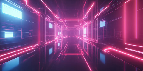 Fototapeta premium A sleek and dynamic abstract background featuring pulsating geometric neon shapes floating within an intricate cybernetic energy field. The glowing reflections and smooth transitions create an elegant