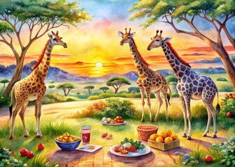 Fototapeta premium Watercolor Giraffes African Savannah Sunset Food Photography