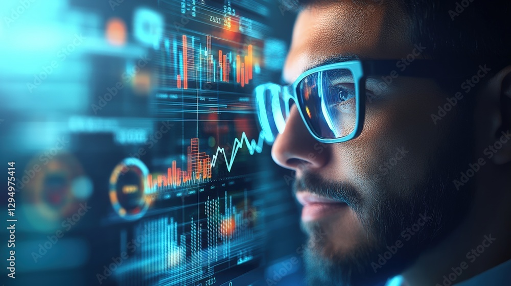 Poster man wearing glasses analyzing data on screen with graphs and charts in office environment