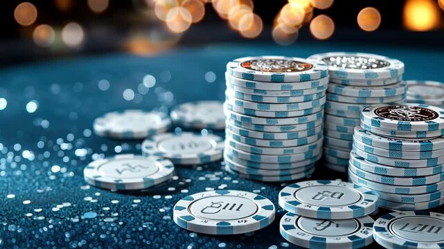 Stacks of blue poker chips create vibrant gambling atmosphere in casino.