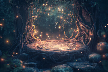 A mystical enchanted forest 3D background featuring a glowing podium made of intertwined roots and vines. Magical fireflies dance in the air, while ancient stone runes pulse with an eerie,