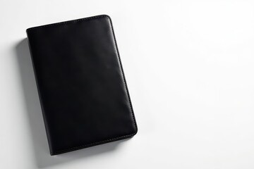Elegant black leather notebook case, pristine white backdrop, texture, design