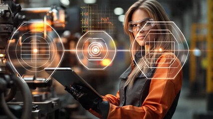 Technological Precision in the Industry: A female engineer, standing confidently, utilizes a digital tablet amidst futuristic holographic overlays, overseeing the machinery, a testament to innovation. - Powered by Adobe