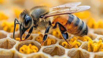 Close-up of a Honey Bee Pollinating Bright Yellow Pollen in a Hive