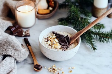 Warm winter oatmeal with banana puree and chocolate in a cozy kitchen setting
