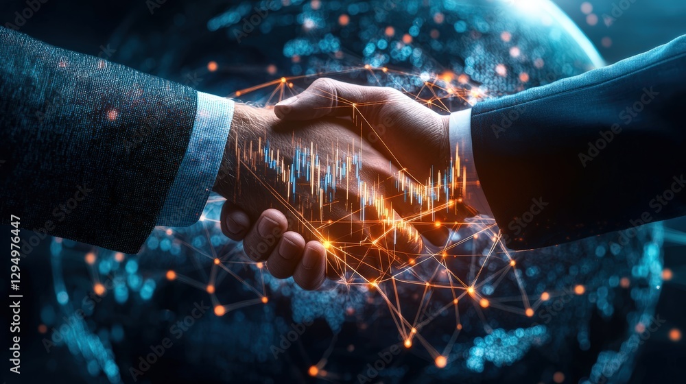 Poster two hands shaking over a network of connected lines representing collaboration and partnership