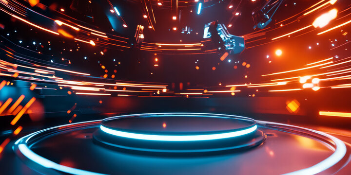 A sports-themed 3D background featuring a vibrant podium with dynamic light trails and motion effects. The high-energy visuals, combined with metallic textures and a stadium-like atmosphere, create a