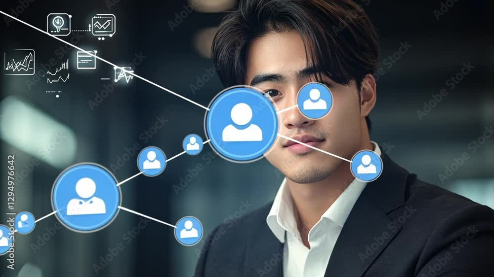 Poster connected intelligence: a focused asian businessman gazes intently, data visualizations and intercon
