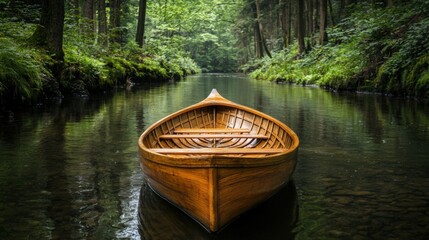 Obraz premium Serene Wooden Boat in Lush Green Forest River Setting - Nature Tranquility