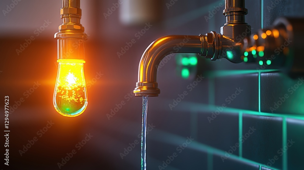 Poster illuminated light bulb on a wall fixture with a blurred background in a dimly lit environment