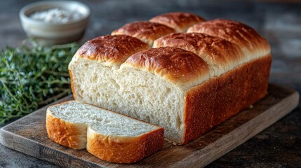 Freshly Baked Soft White Bread Loaf with Slices and Herbs on Wooden Board