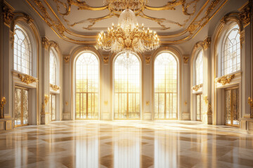 Obraz premium A luxurious classic ballroom 3D background room with a grand crystal chandelier, intricate gold moldings, and an expansive marble dance floor. Tall arched windows allow golden sunlight to flood the