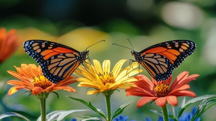 Fototapeta premium Vibrant Monarch Butterflies on Colorful Flowers in a Lush Garden Setting