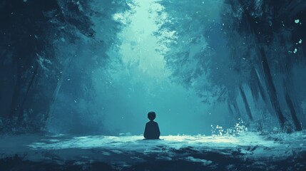Obraz premium A solitary figure sits in a mystical forest, surrounded by ethereal blue light and trees