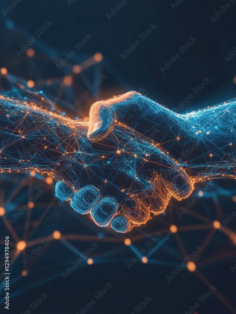 Aufkleber Glowing handshake representing abstract business connections and networks in a modern digital environment. Generative AI