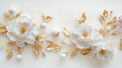 Stucco peonies with golden leaves and buds against a white backdrop, showcasing delicate beauty