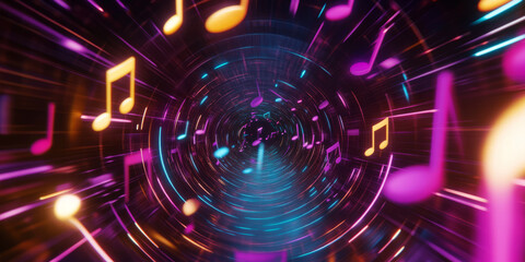Obraz premium A mesmerizing 3D abstract background featuring an infinite tunnel of neon musical notes, dynamically shifting with rhythm. The surreal visualization creates an immersive representation of sound
