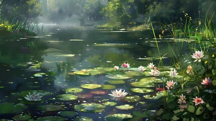 Flores en lago. pintura