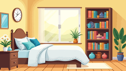 A warm and inviting bedroom with a bed, shelves, and potted plants, ideal for interior design and bedroom styling projects.