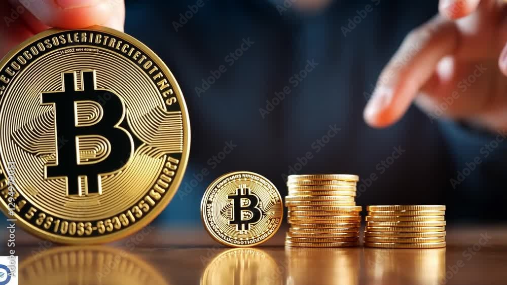 Aufkleber digital gold rush: a bitcoin collection with varying sizes. a bitcoin sits prominently, symbolizing 