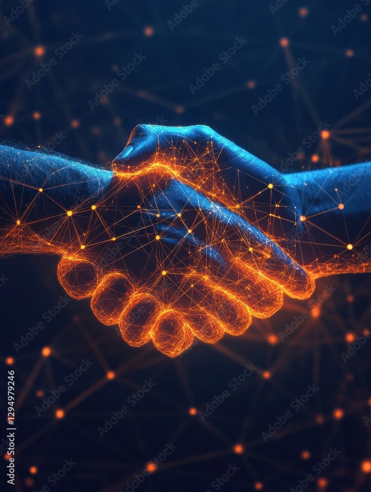 Aufkleber Glowing handshake representing abstract business connections with digital lines of communication in a futuristic setting. Generative AI
