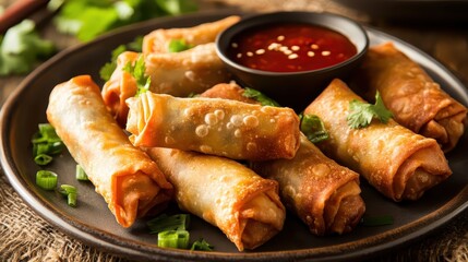 Crispy spring rolls served on a black plate with a side of sweet dipping sauce and garnished with fresh herbs