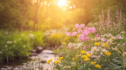 Obraz premium Beautiful colorful wild flowers in deep foggy forest with sun light in Spring.