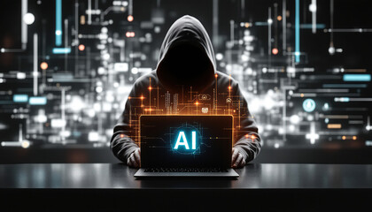 Ai Hacker Using Laptop at Night Cyber Security Threat