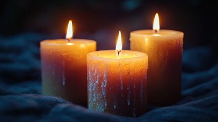 Tranquil Soft Glow of Three Candles on Cozy Fabric Background