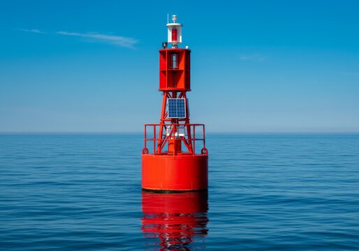 Red Buoy Floating in Calm Blue Ocean Water Under Clear Sky