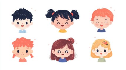 Adorable Collection of Happy Children's Faces, Illustration of Diverse Kids with Joyful Expressions