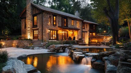 Obraz premium Illuminated Stone House with Cascading Waterfall at Dusk