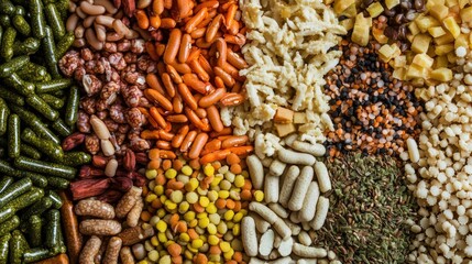 Assorted pet food textures and shapes.