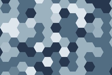 Hexagonal pixelated pattern in blue and navy hues. Modern geometric digital texture