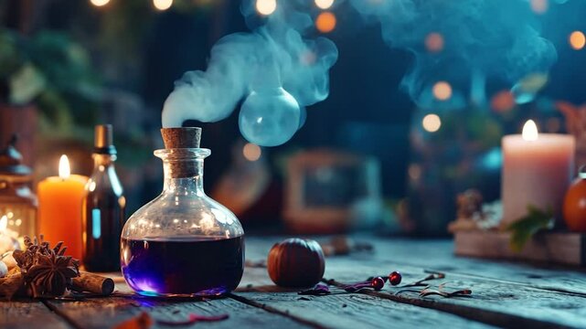 Mystic potion steams on wooden table, candlelight background