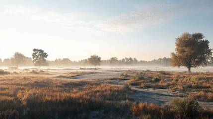 Serene Misty Landscape with Golden Grass and Trees at Sunrise in Tranquil Nature Setting
